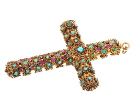 19th century continental ruby and turquoise cross pendant, the tubular yellow metal cross applied with yellow metal filigree 