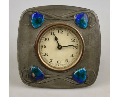 An Archibald Knox design Tudric pewter desk clock with Art Nouveau foliate design and enamel hearts, stamped 'Tudric 0482', 1