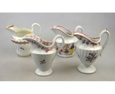 Four English late 18th/early 19th century cream jugs comprising: a New Hall creamer decorated with an undulating pink ribbon 