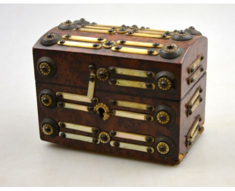A 19th century Continental amboyna and other of pearl scent-bottle casket, the two bottles with gilt metal collars and cover 