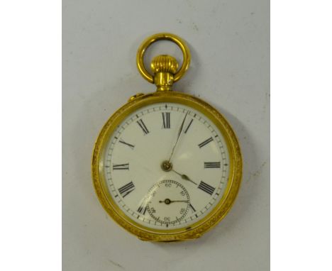 An 18ct gold fob-watch with enamel dial and top-wind movement, in ornately engraved case Condition Report Good working condit