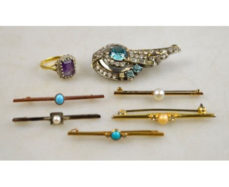 A collection of various bar brooches including yellow metal turquoise and diamond set; yellow metal cultured pearl set; yello