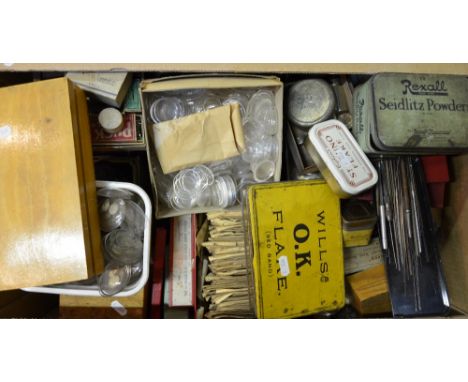 A collection of Watchmakers' tools and findings, including a large number of watch glasses of varying shapes and sizes (box)