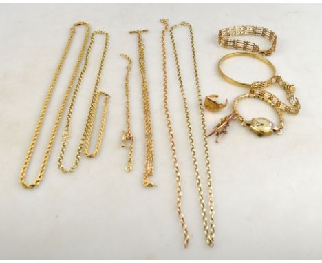Various old gold items including 9ct and yellow metal chains, bangle, gate bracelet, crescent and pearl brooch, signet ring a