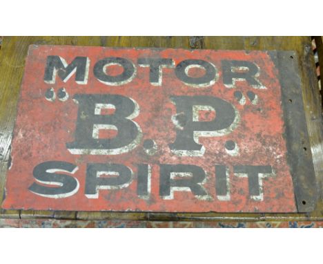 A vintage double sided red enamel 'B.P' Motor Spirit advertising sign by Bruton, Palmer's Green, 38 x 66 cm Condition Report 