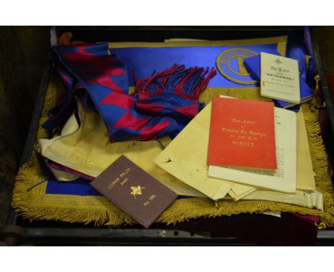 A Masonic leather apron in leather case, to/w two silver and enamel Rotary Club (Macclesfield) Past President badges and vari