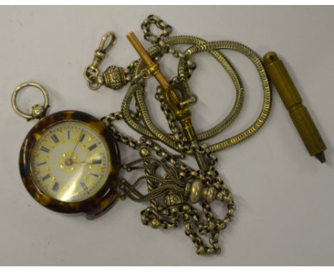 A Swiss .935 fob watch with engraved case and key-wind movement, decorative gilt and enamel dial, to/w two watch-chains Condi