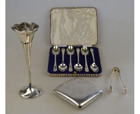 A heavy quality cigarette case, Birmingham 1937, a specimen vase on weighted foot, Sheffield 1902, a cased set of six golfing