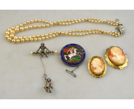 A collection of jewellery items including shell cameo of female in ornate mount, shell cameo of female in gilt metal mount, e