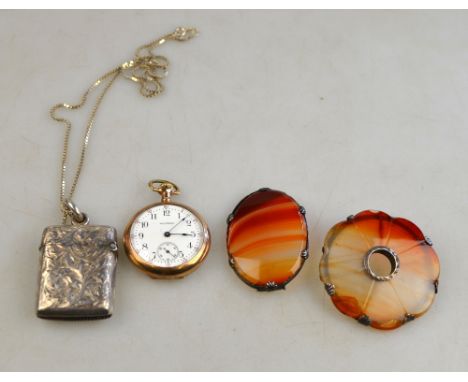 A rectangular silver engraved vesta case to/w silver chain, gilt metal Waltham fob watch, and two cornelian brooches, all a/f