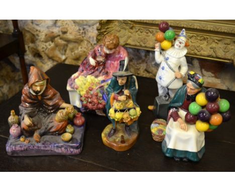 Five Royal Doulton figures - Flower Seller's Children HN1342; The Potter HN1493; The Mask Seller HN2103; Balloon Clown HN2894