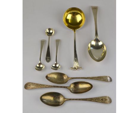 An early George III Irish silver sauce ladle with scroll finial and gilt bowl, Joseph Cullen, Dublin (no date letter) 1765, t