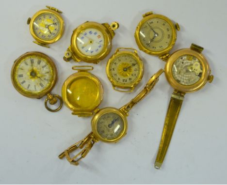 Seven various ladies' vintage 9ct gold wristwatches and an empty wristwatch case (all a/f)