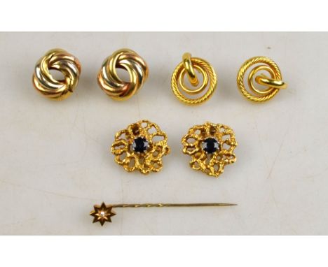 Three pairs of yellow metal and 9ct earrings including scrolls, hoops and sapphire clusters, to/w star shaped stick pin set w