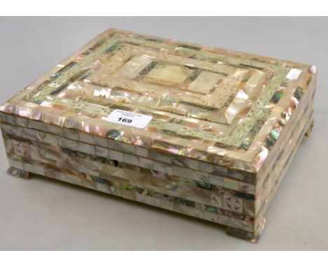 An Indian mother-of-pearl covered box containing various costume jewellery including necklaces, cufflinks etc