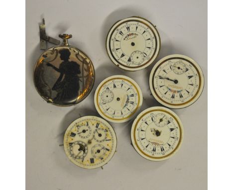 A Swiss calendar watch movement, the enamel dial with subsidiary month, day, date and seconds dial (moon phase insert missing