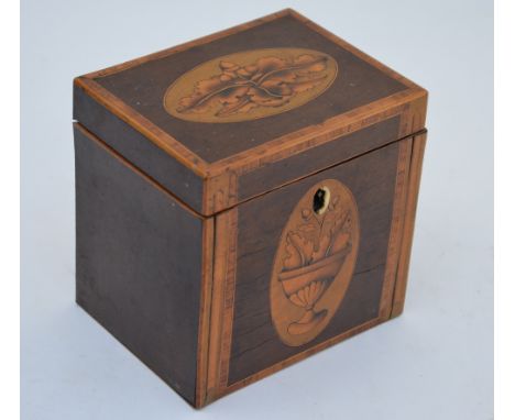 A 19th century inlaid satin walnut tea caddy having oak leaf decoration