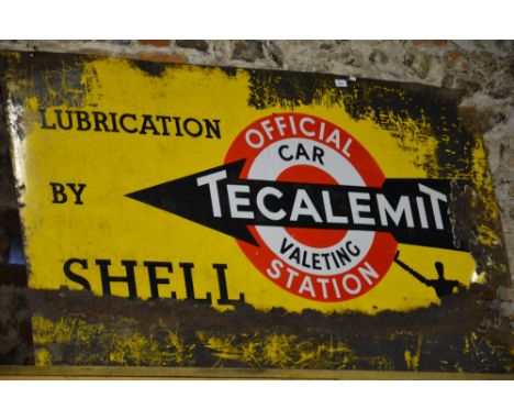 A large vintage motoring enamelled advertising sign - 'Tecalemit Official Car Valeting Station (Lubrication by Shell) (a/f), 