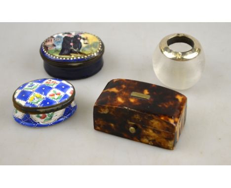 A 19th century Bilston-type oval enamel snuff box, the cover decorated with 'Moses and the Vicar', to/w a floral-painted exam