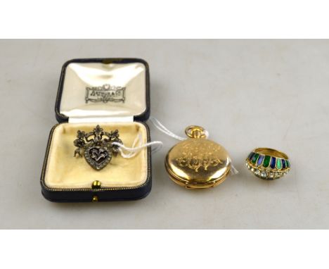A Victorian stylised bow brooch having pierced heart suspended below set overall with white paste to/w gilt metal Hunter pock