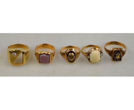 Five various rings including 15ct sardonyx set signet ring, signet ring set with small diamond, 14k, blue enamel and yellow m