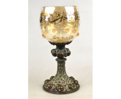 A German glass goblet vase with enamel decoration and strawberry prunts, on ornate bronzed metal stem and flared foot decorat