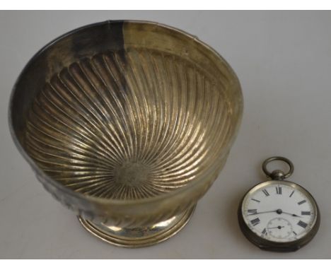 An Edwardian silver half-reeded sugar basin, Birmingham 1904, to/w an .800 grade pocket watch (2)