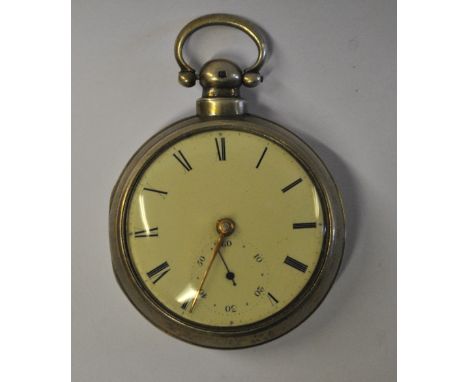 A George IV silver pair-case watch with verge movement no.4320 by Bright & Sons of Sheffield, the 45 mm cream enamel dial wit