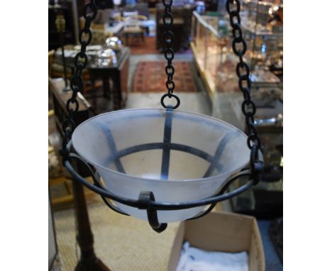 A pair of Art Deco brass ceiling lights with frosted glass bowl shades, to/w a brass ring ceiling light with adjustable heigh