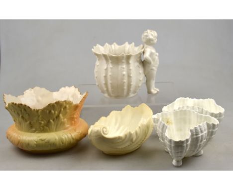 Locke & Co, Worcester blush ground bowl moulded with interlocking leaves, 9 cm, Coalport oval bowl in the form of a leaf, pai