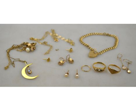 A quantity of 9ct and other gold items including bracelet, crescent pendant, ruby and diamond ring etc all a/f