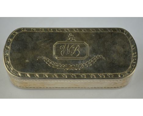 A George III and silver snuff box with engraved hinged cover and gilt lining, Thomas Phipps & Edward Robinson, London 1796, 8