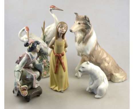 Five Lladro figures/models - Japanese Geisha girl, 19.5 cm, Girl with hat, 24.5 cm, Seated Collie dog, 25 cm, Two storks with