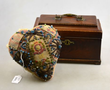 A World War I 'Sweetheart' pin cushion with Royal Engineers badge to/w a Georgian mahogany tea caddy (2)