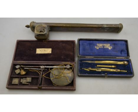 A Georgian cased set of pocket scales with weights, label for De Grave & Son, London, to/w a cased brass compass and dividers