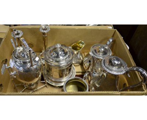 A Victorian electroplated four-piece tea/coffee service, to/w a kettle on stand, biscuit barrel and a pair of plated on coppe