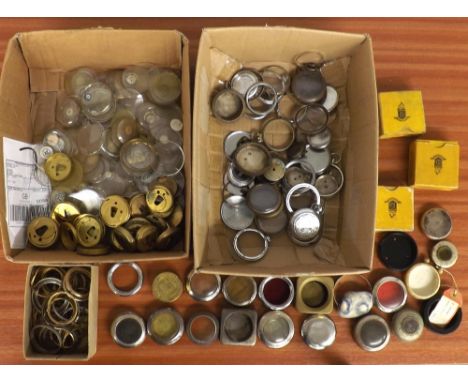 Quantity of pocket watch glasses; together with a small quantity of pocket watch dust covers, bezels, protective cases and th
