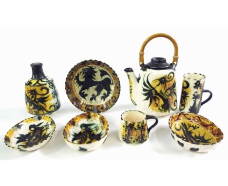 Newlyn Celtic Pottery lamp base, 7.5" high;  together with a selection of similar wares to include a teapot and cover, four b