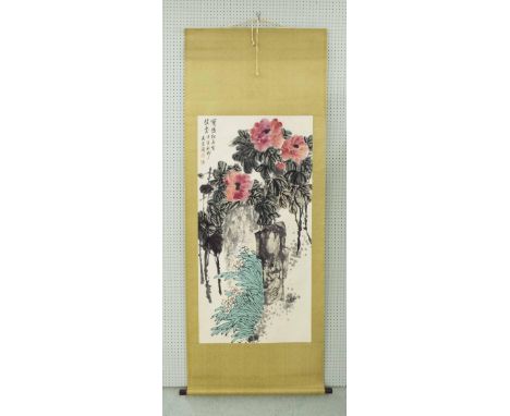 Large Chinese floral painted scroll, 20th century, 84" long approx overall