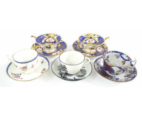 Pair of 19th century porcelain tea cups and saucers, together with three further porcelain tea cups with saucers (10)