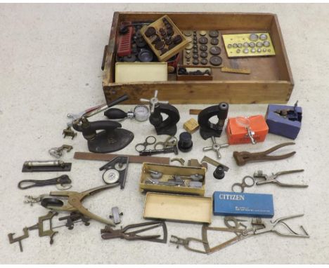 Quantity of various watchmakers tools to include a Citizen snap end-piece set and Longines tool