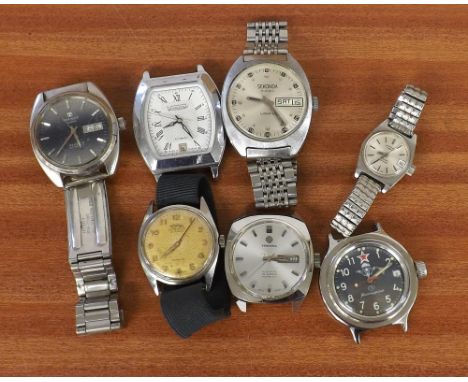 Six automatic stainless steel gentleman's wristwatches to include Sekonda, Vostok, Tressa, Tissot, Technos and a Russian exam