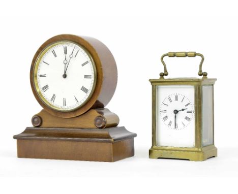 Small mahogany drumhead mantel clock, stamped V.A.P to the backplate, 6.5" high; together with a carriage timepiece within a 