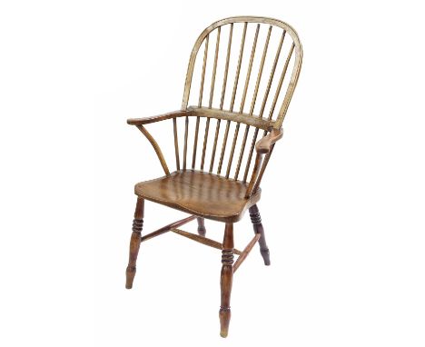 Elm seat comb back Windsor armchair with turned supports, the back 43" high (spindles require re-setting as currently loose)