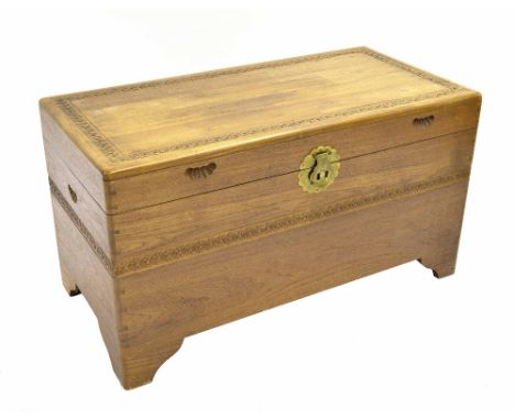Chinese camphor wood trunk carved with bands of flowerheads, 20th century, 40" x 20", 22" high