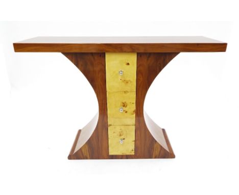 Art Deco style walnut effect console table with three central drawers, 47" wide, 32.5" high, 14.25" deep