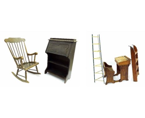 Miscellaneous furniture to include a Windsor rocking chair, child's desk, fall front secretaire, bunk-bed ladder and a metal 