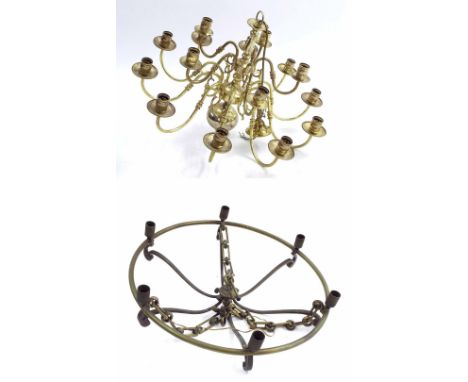 Dutch style fifteen branch brass chandelier, 29" across approx, together with a six light metal chandelier, 25" across (2)