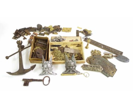 Quantity of door furniture, to include hinges, escutcheons, anchor door knocker and various keys; Also various brass retail p