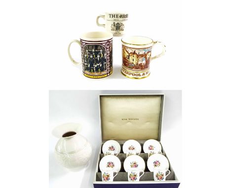 Royal Worcester cased set of six coffee cans and saucers; also a modern Belleek Living ovoid vase and three commemorative mug